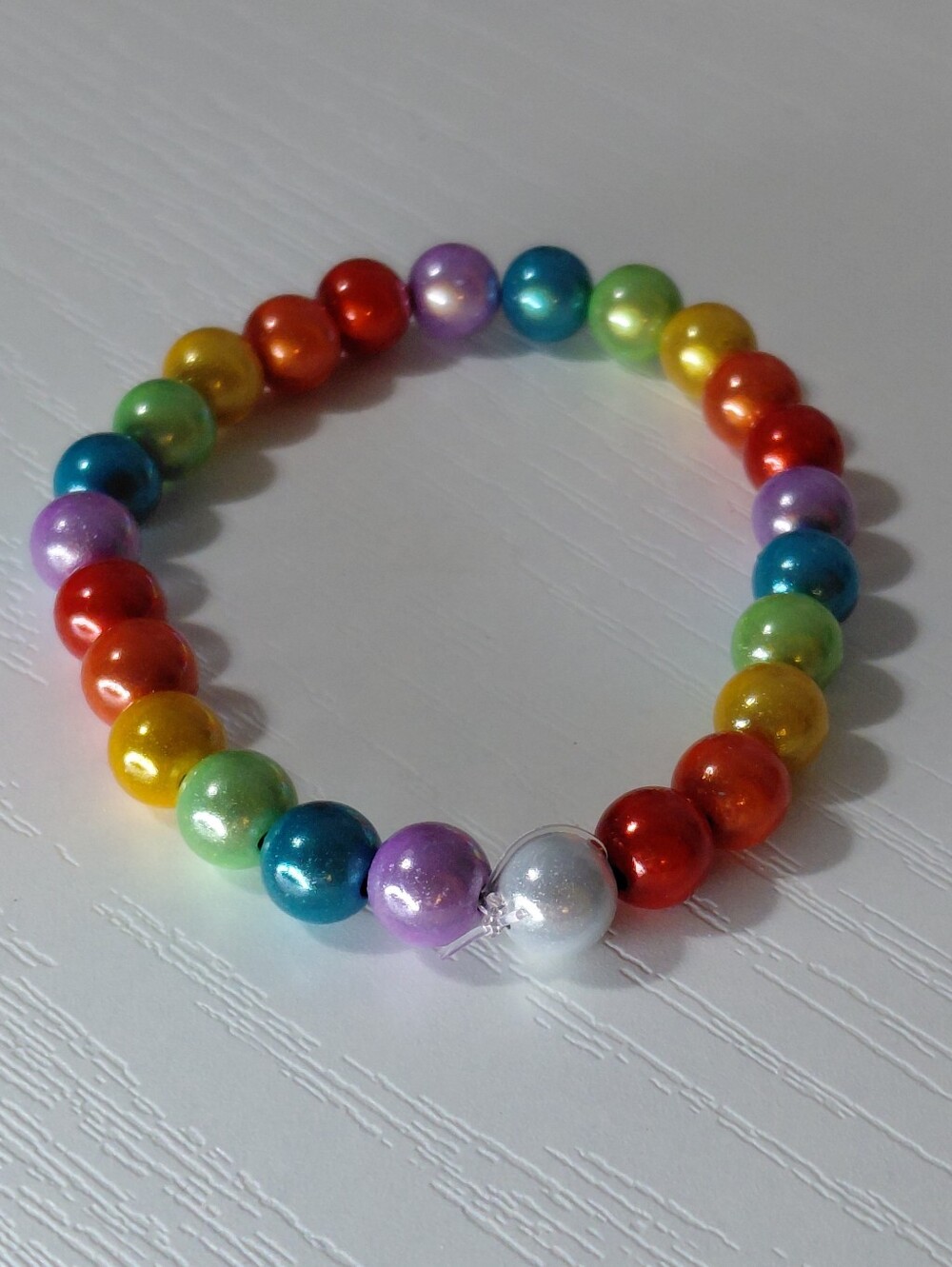 Hand Made Stretch Rainbow Bead Bracelet - Multicolor 7 Inches - Picture 6 of 11